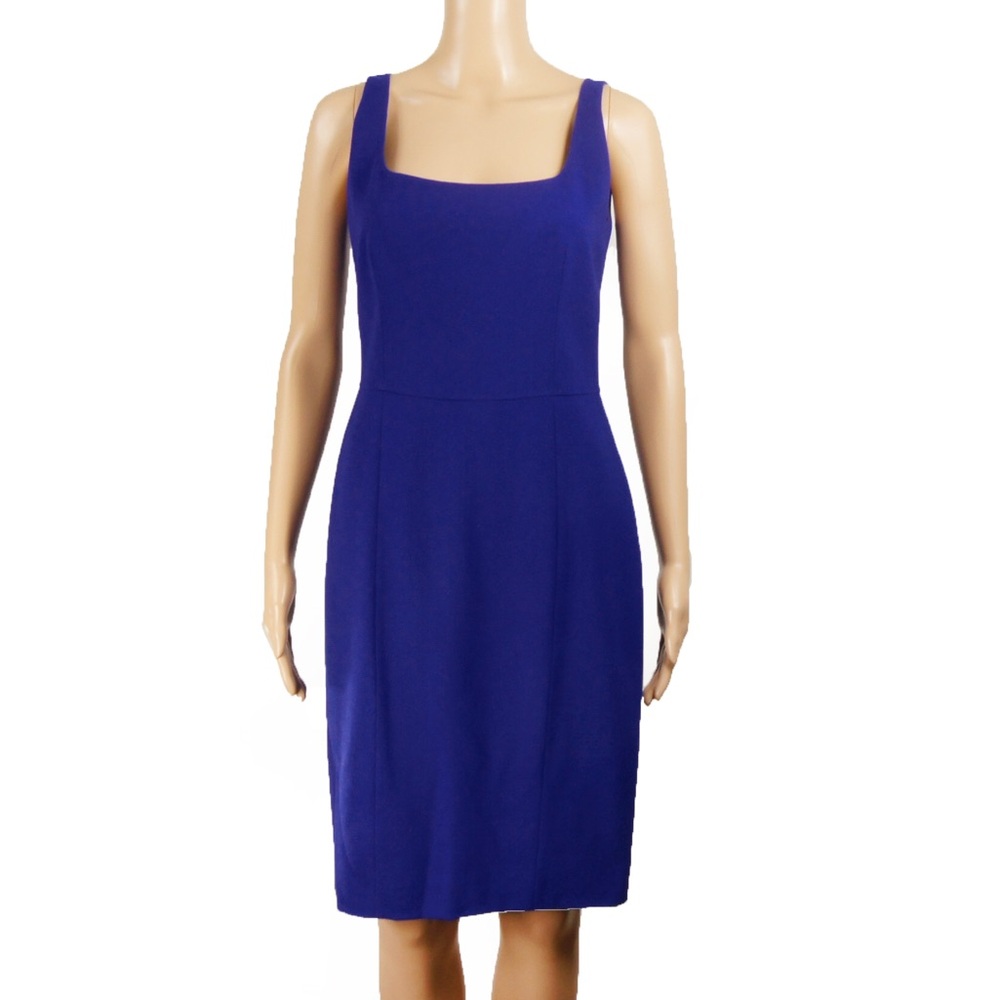 Moschino Deep Brilliant Indigo Blue Square Neck Wool Shift Midi Dress